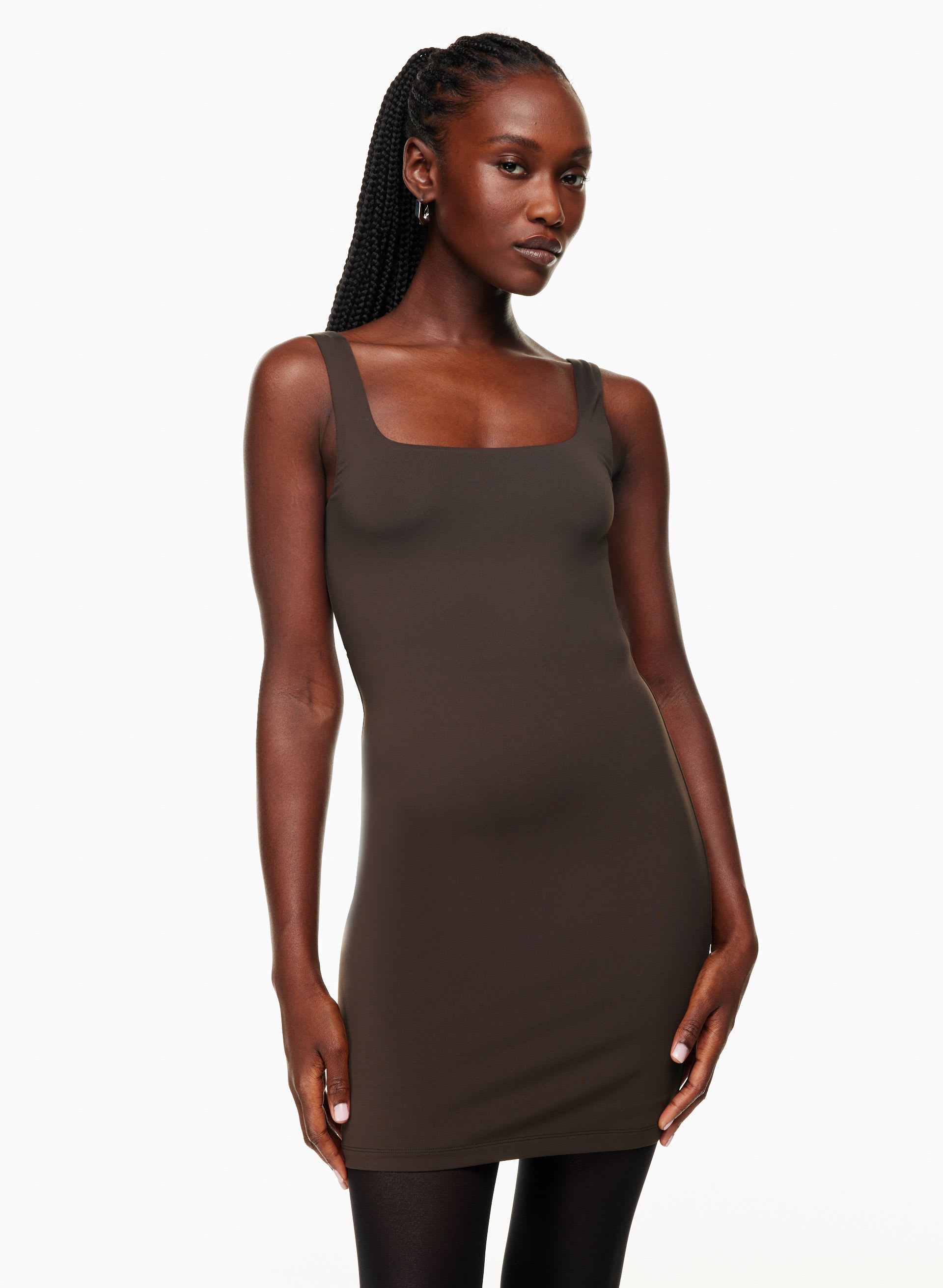 brown square neck mini dress Contour Squareneck Style with strappy heels hide_others Lily James Ruffled Black Size:Customize Your Size