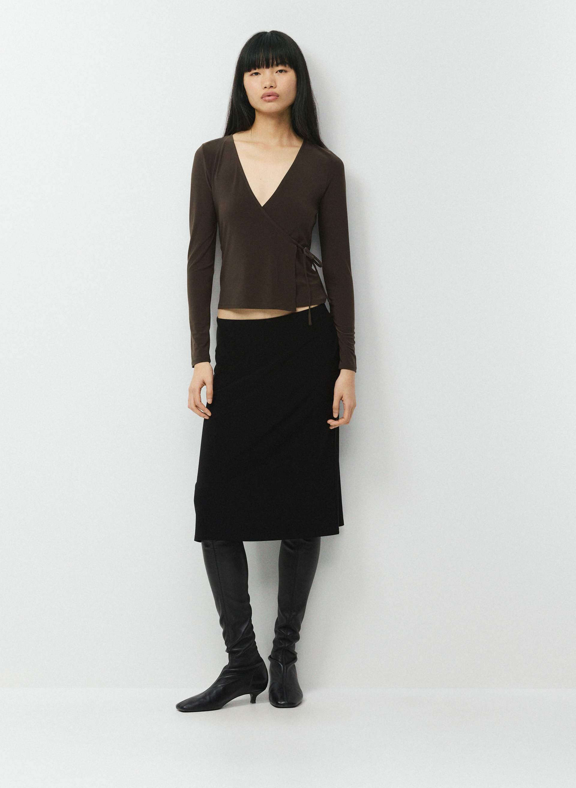 SMOOTH MATTER™ ISLAND WRAP LONGSLEEVE - Lined, opaque V-neck wrap top with tie detail. 