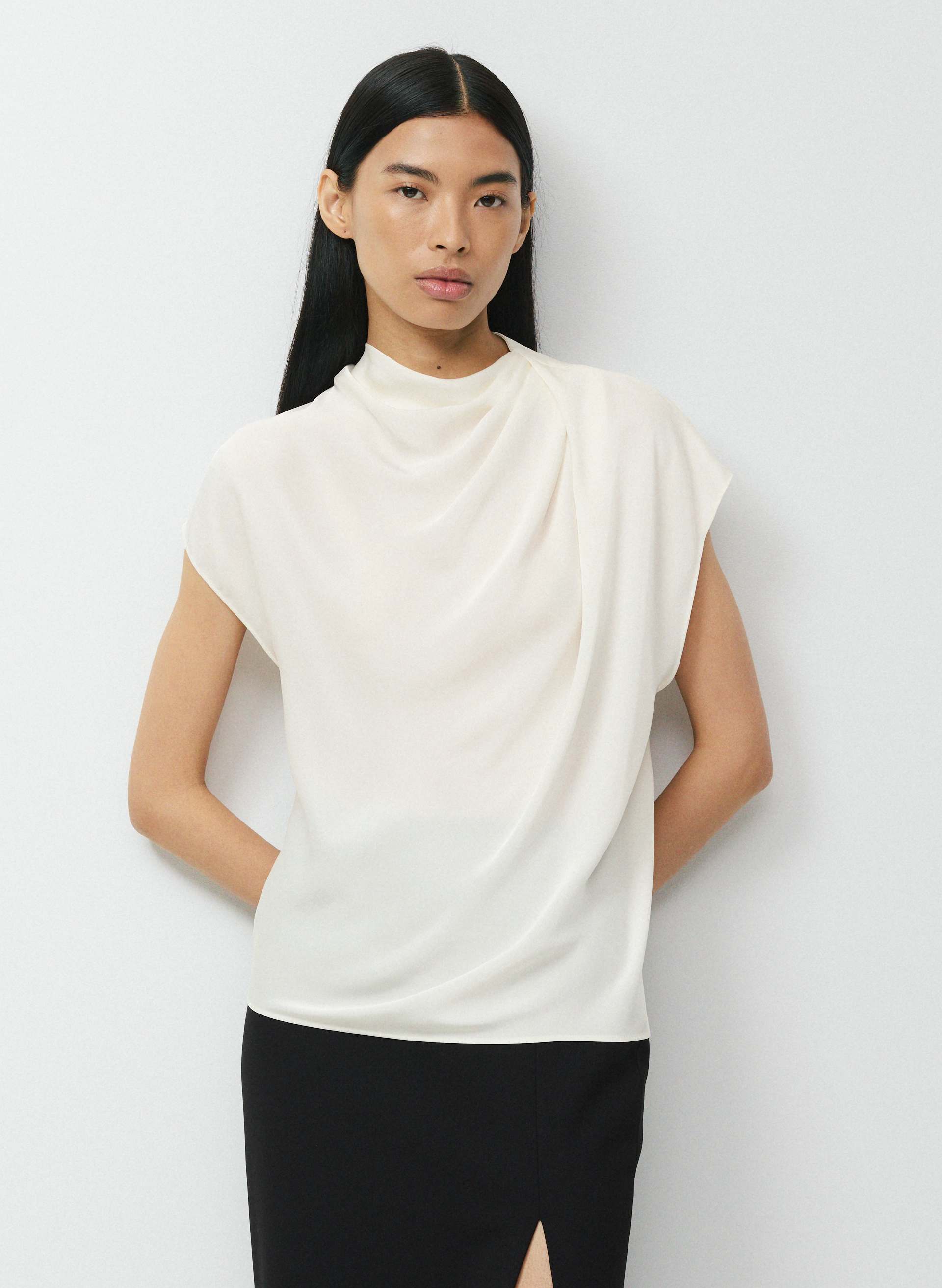 NOMINEE SATIN BLOUSE - Japanese double satin mockneck twist blouse. 