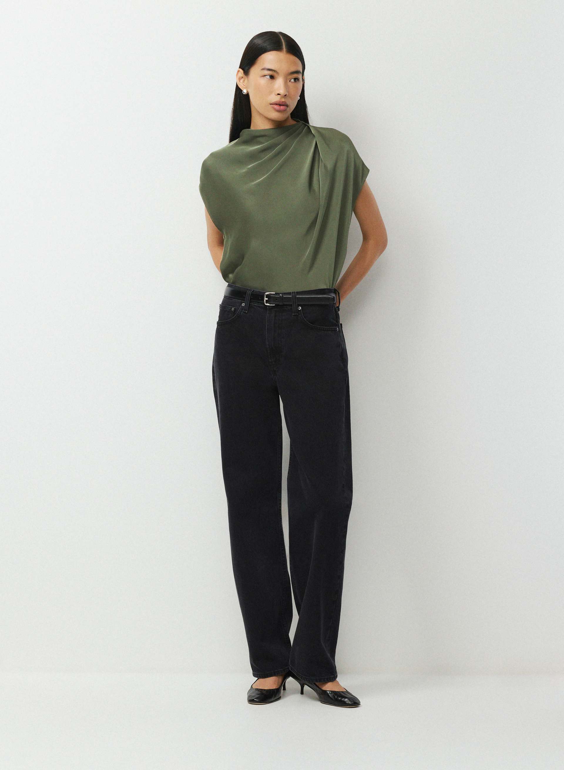 REFINE SHINE™ NOMINEE BLOUSE - Japanese double satin mockneck twist blouse. 