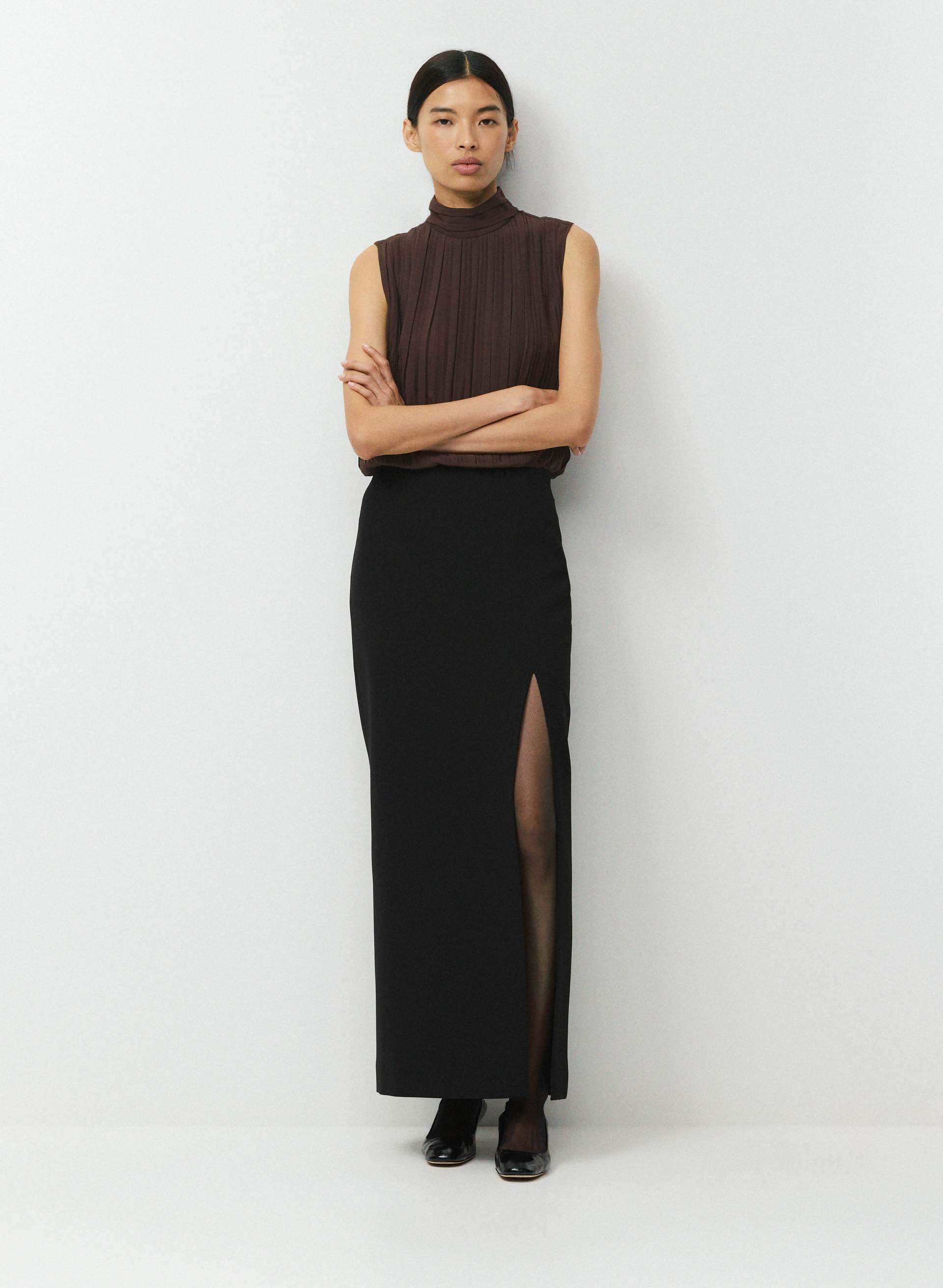 EZRA TOP - Ruched chiffon mockneck top. 