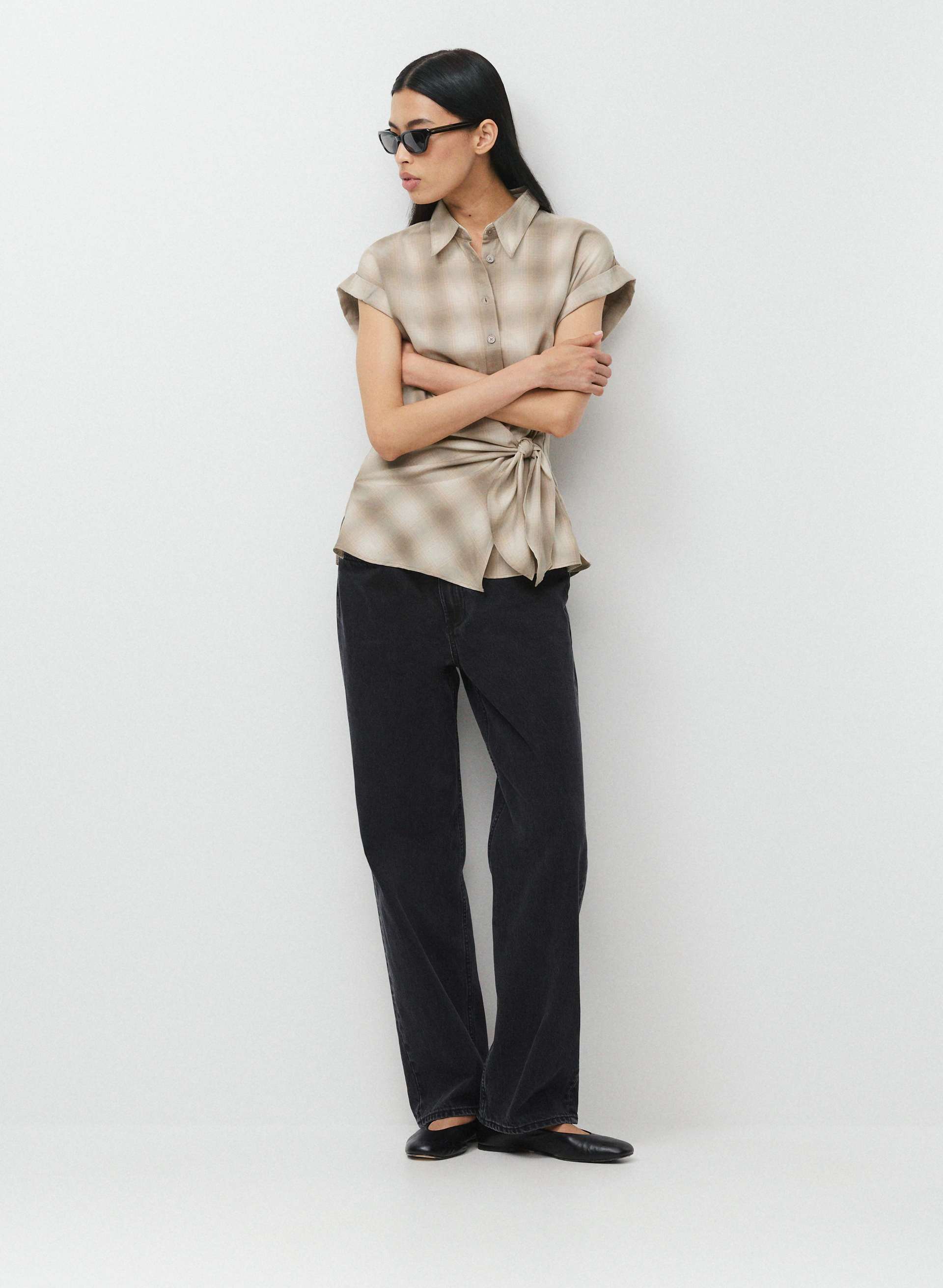 BLUEPRINT SHIRT - Drapey twill button-up tie-front blouse. 