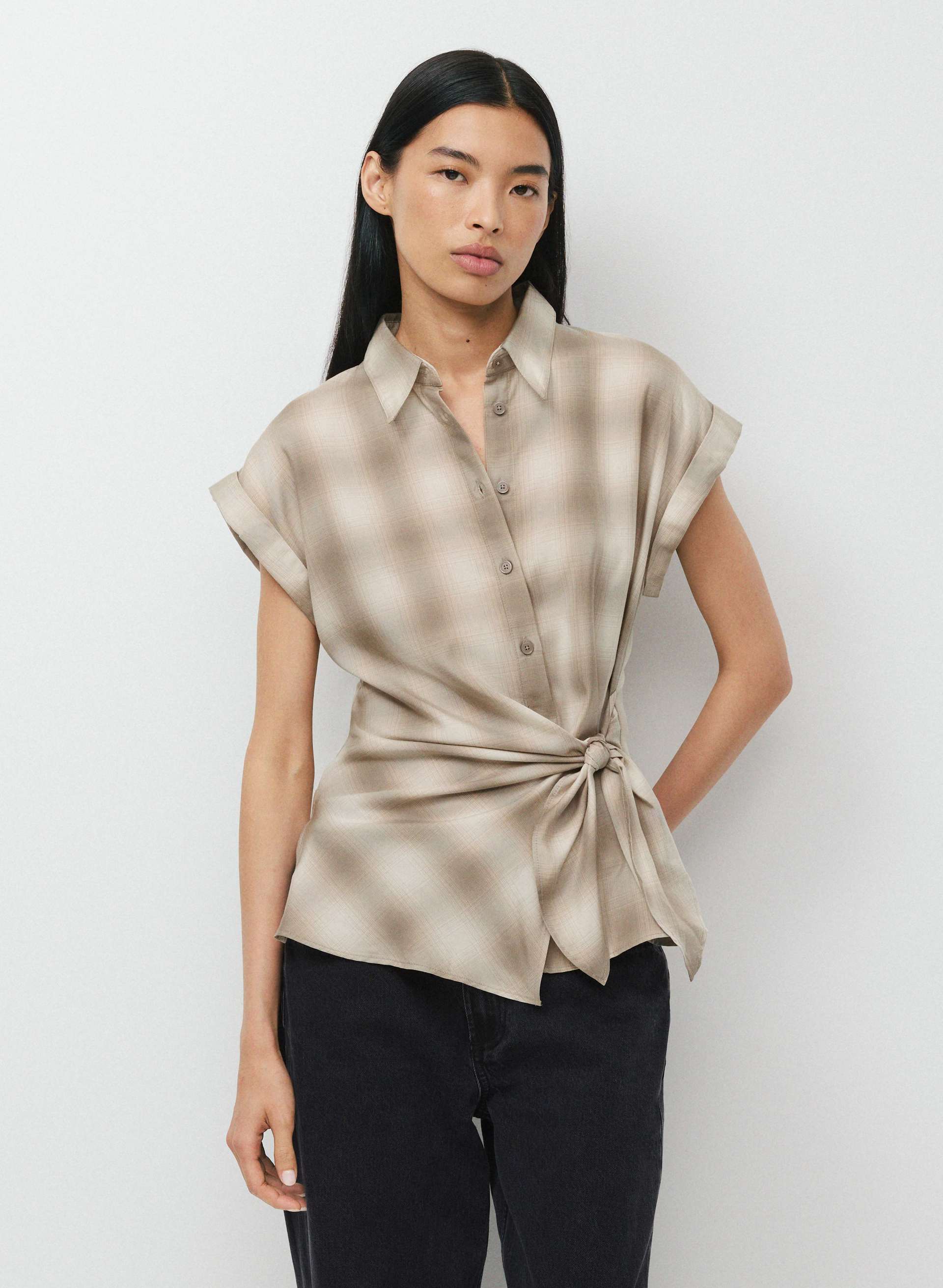 BLUEPRINT SHIRT - Drapey twill button-up tie-front blouse. 