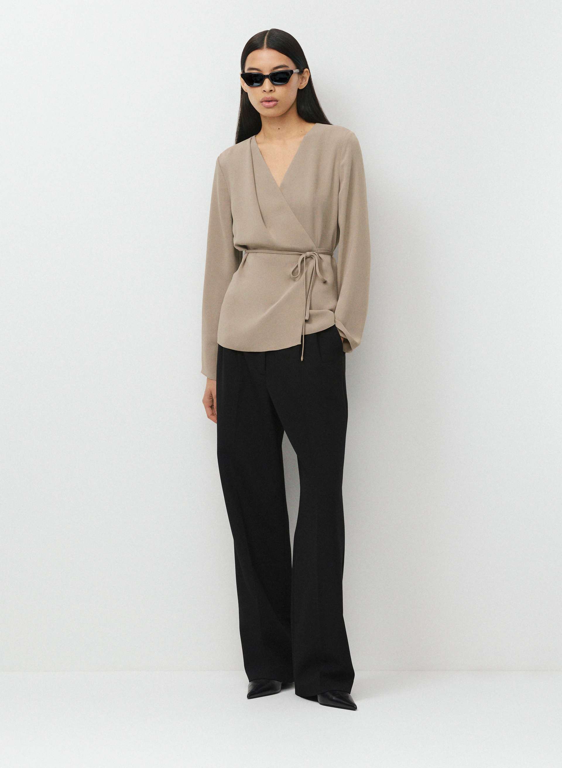 BLOUSE LEDGER - Matte satin V-neck longsleeve blouse with wrap detail. 