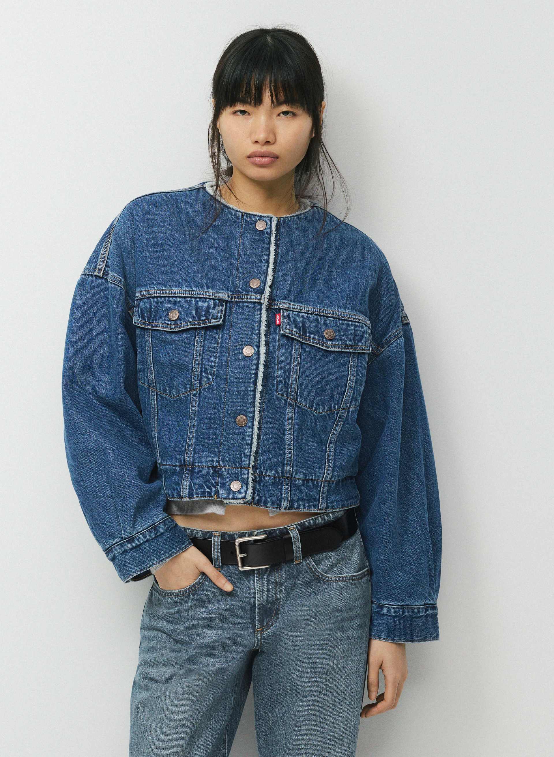 COLLARLESS CROP SHERPA TRUCKER JACKET | Aritzia