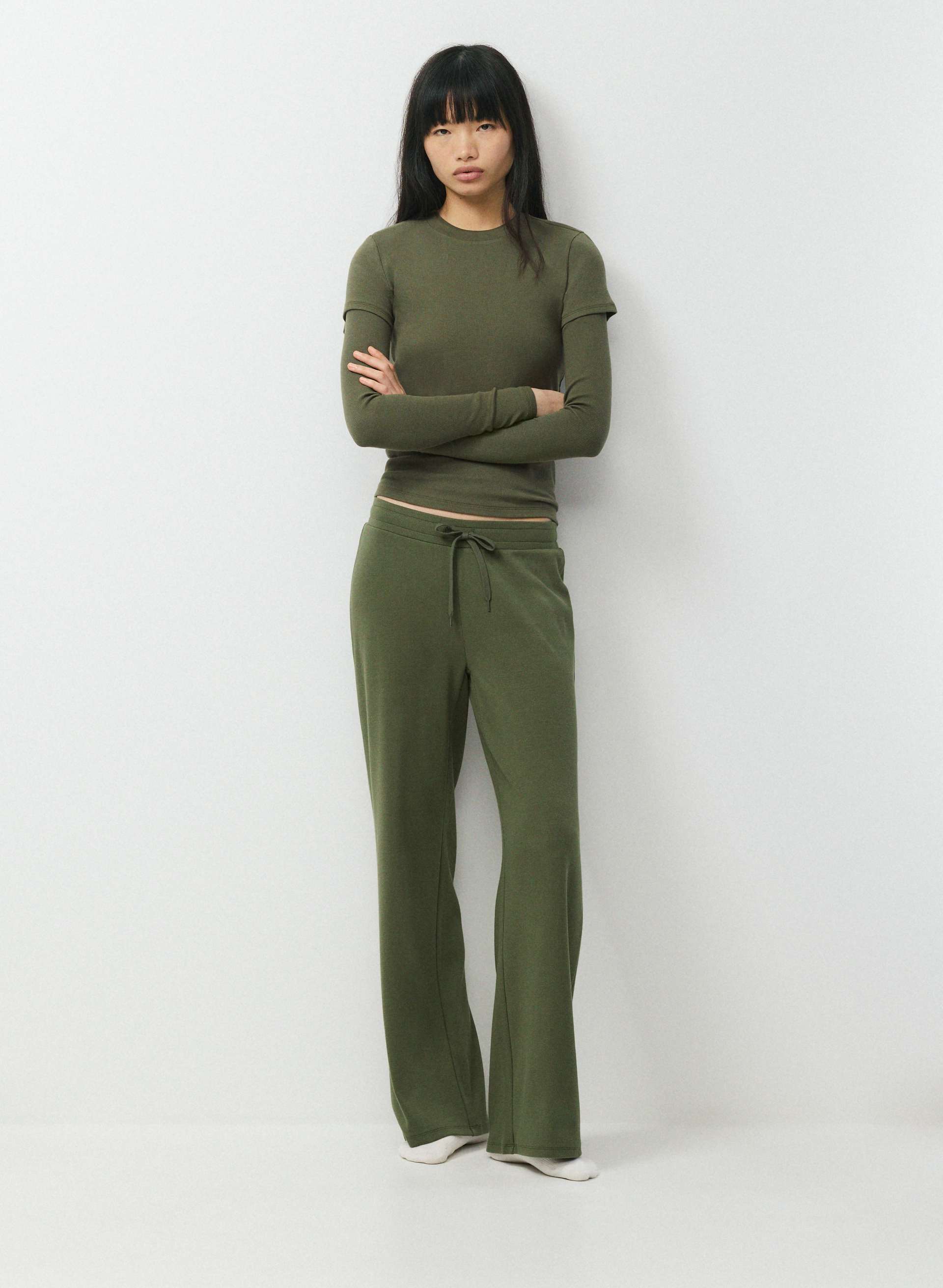 HOMESTRETCH™ RIB KICKBACK PANT - Stretchy ribbed cotton mid-rise, wide-leg pants. 