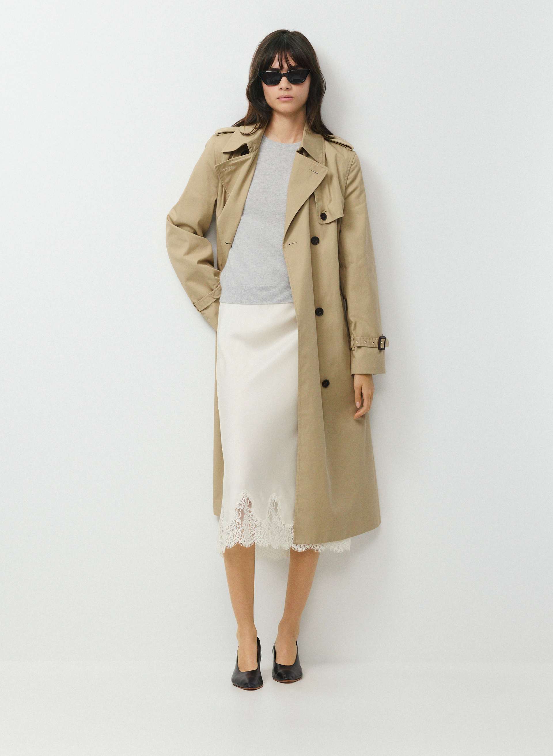 HENRIETTA SATIN SKIRT - Double satin midi slip skirt with lace trim. 