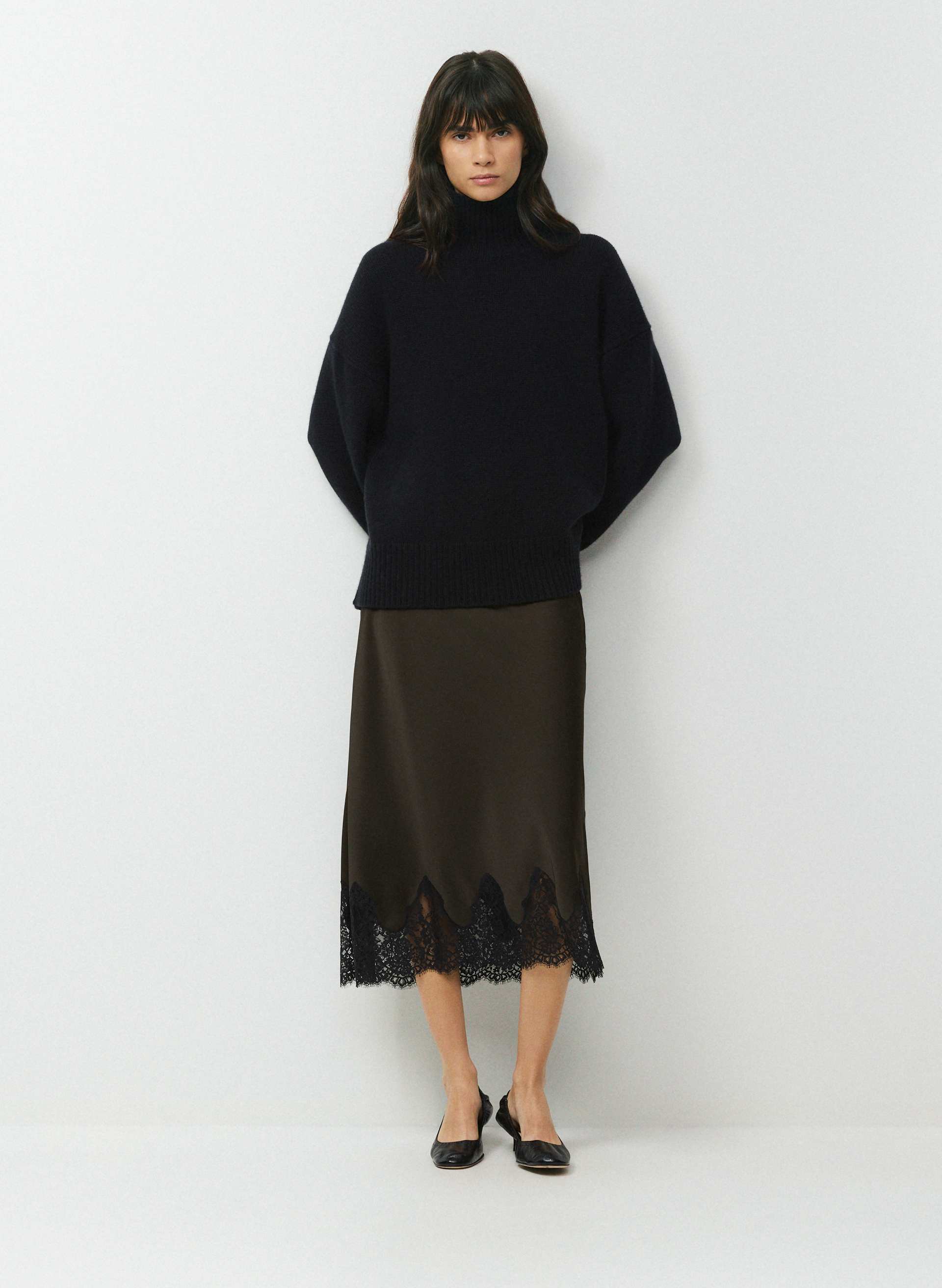 HENRIETTA SATIN SKIRT - Double satin midi slip skirt with lace trim. 