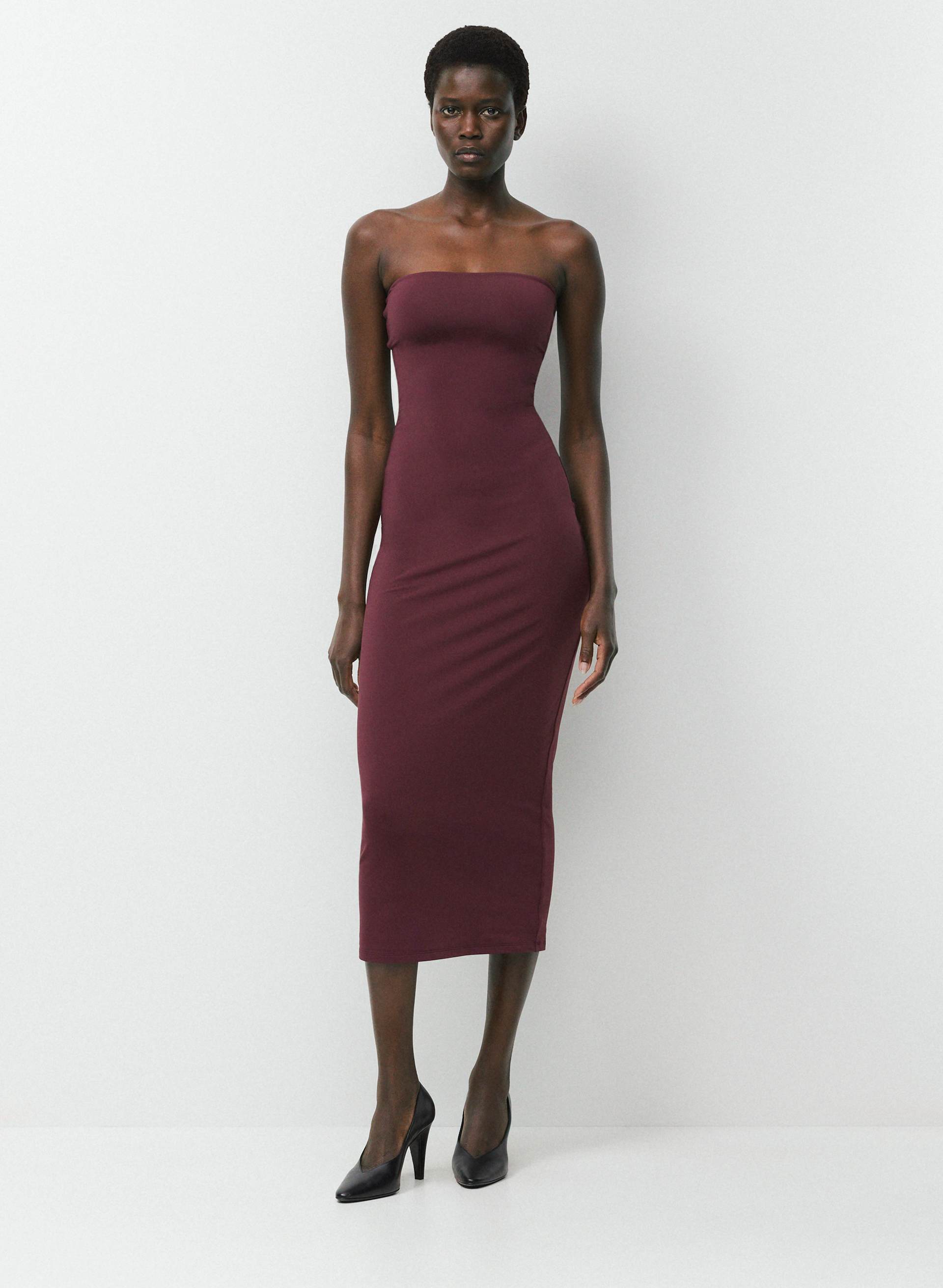 burgundy tube dress Sashi Textured Knit line mini dress with ruffled trim ASOS Pull&Bear Drop Waist Sheer