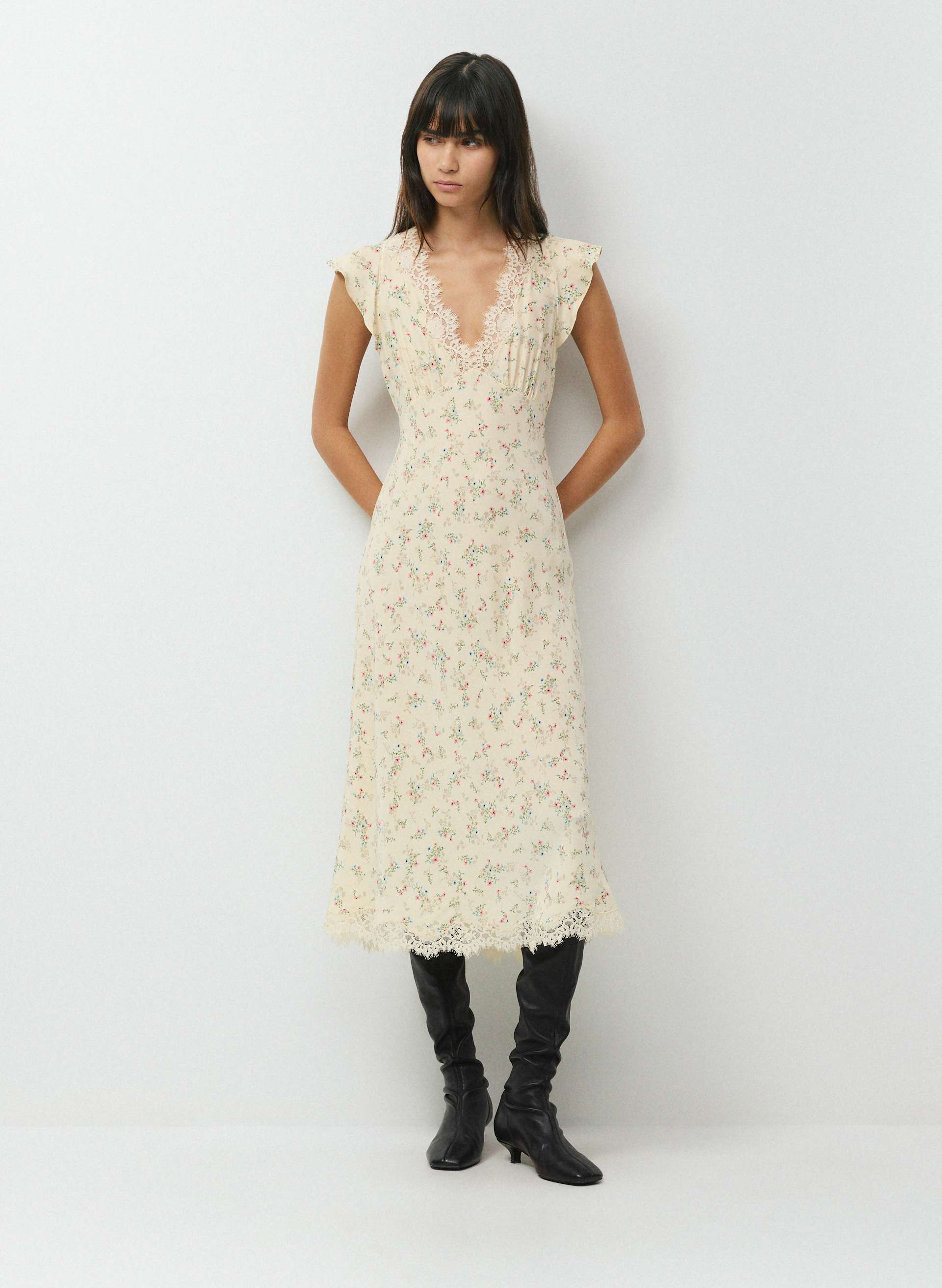 REVERIE SILK DRESS - 100% silk V-neck midi dress with lace trim. 