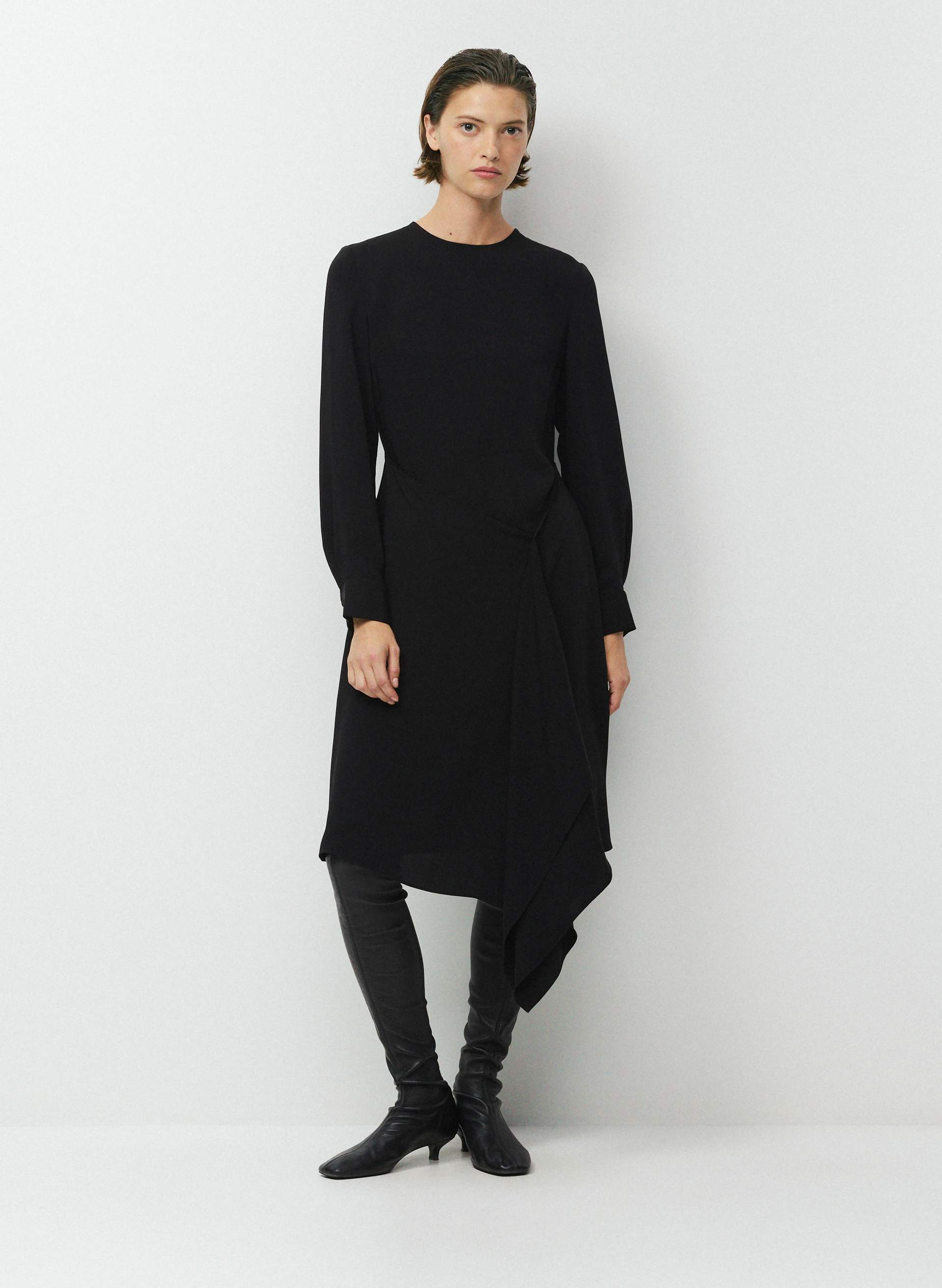 GRANDEUR DRESS - Matte satin crewneck longsleeve dress with wrap skirt. 