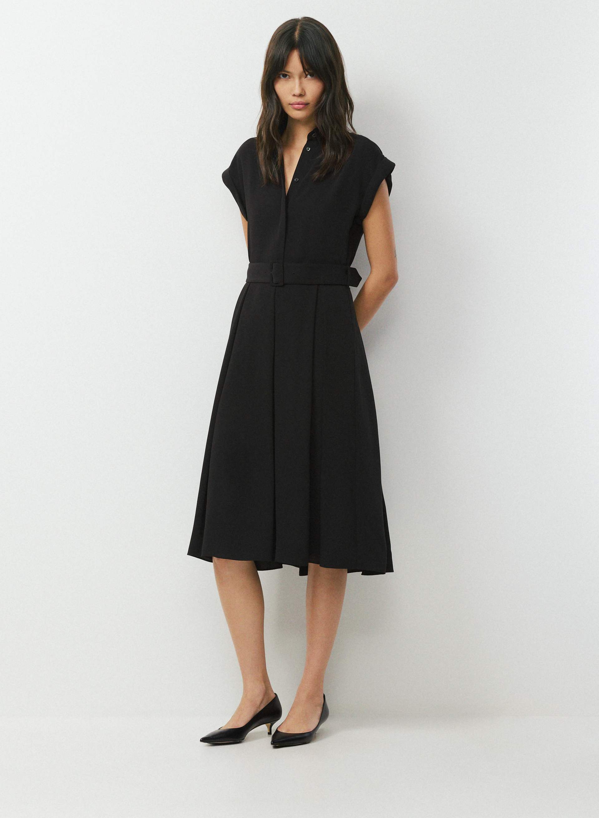 aritzia dresses black Midi for Women Sammie Polka Dot Ruched contemporary mini dress smocked bodice and puff Color:NAVY