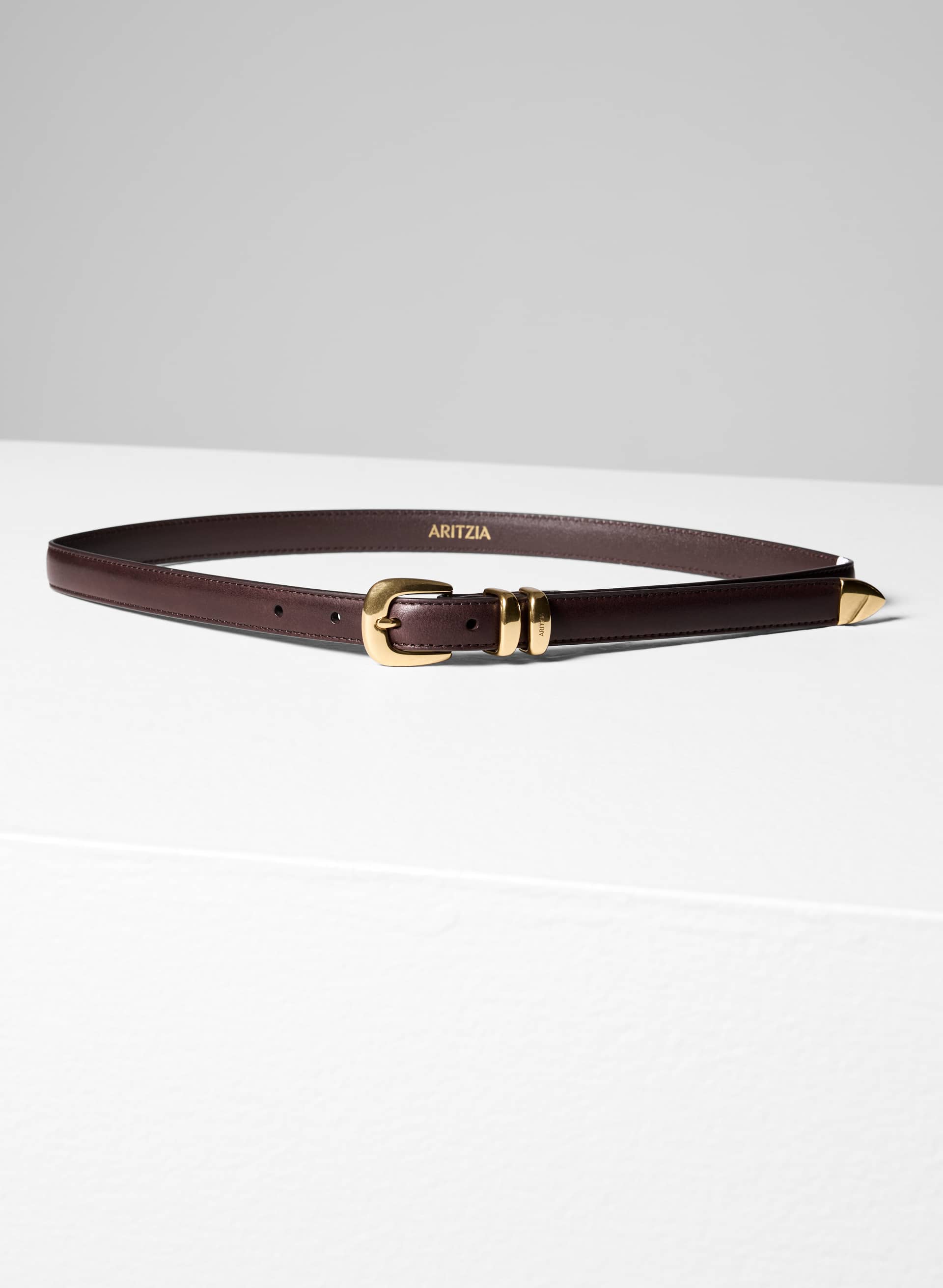 LEGENDARY SOLID BRASS LEATHER SLIM BELT | Aritzia