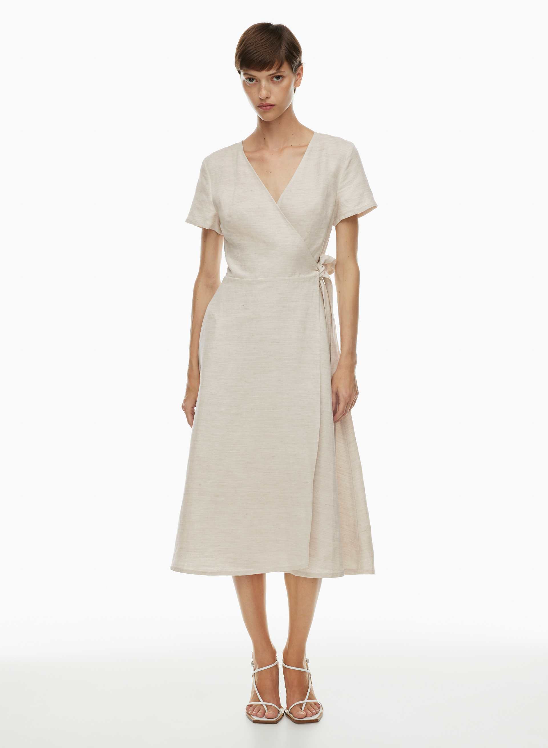 chinese dress ladies 100% Linen Pinstripe Paneled Short-Sleeved Dress MORGAN – LINTICO main image 0