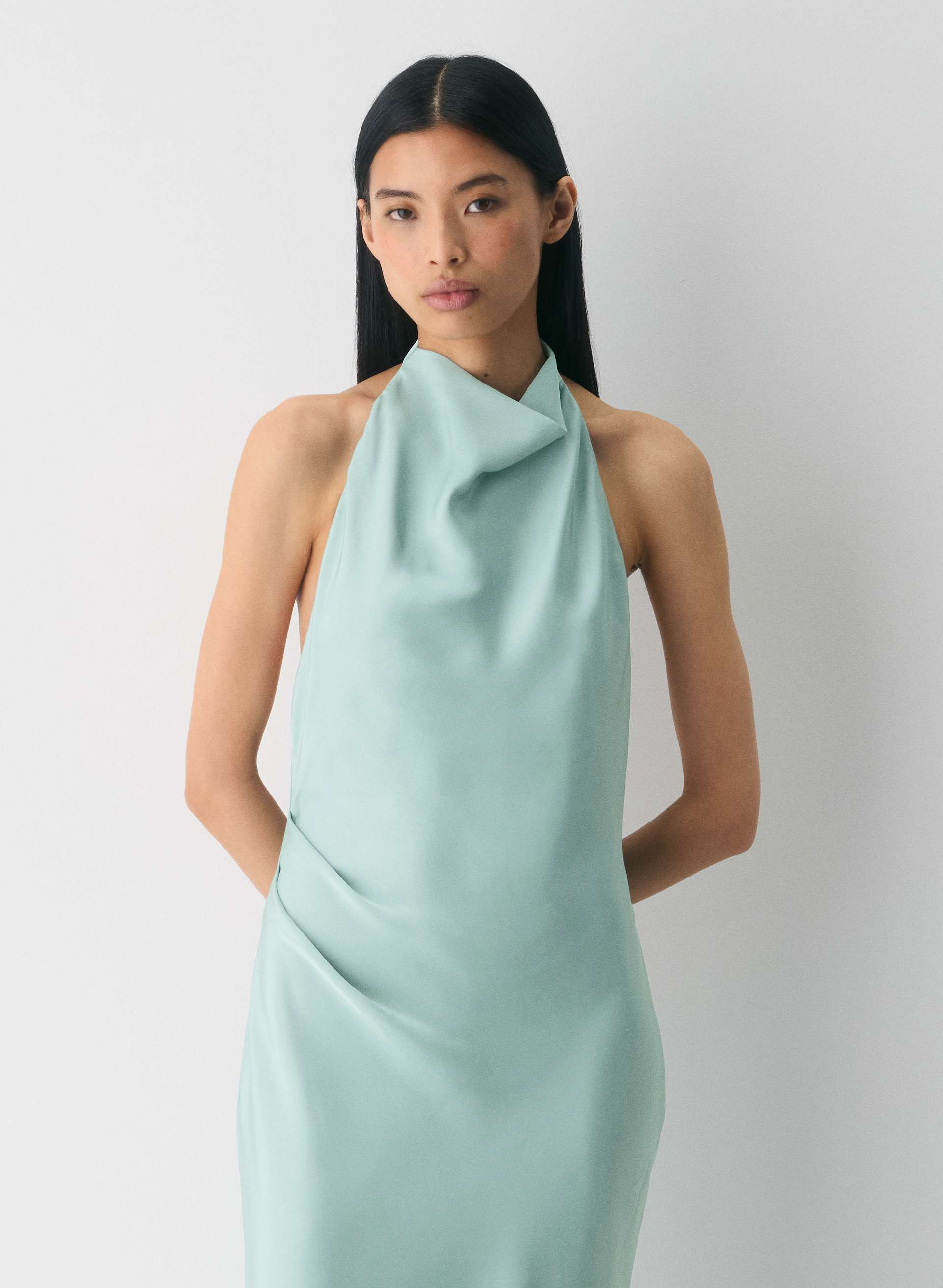Ten Women's Audience Satin Maxi Halter Dress in Goddess Sage | 00