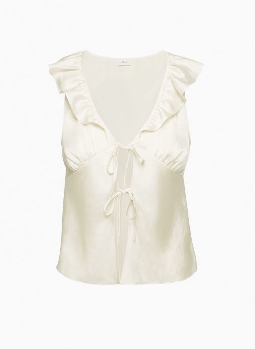 TONKA SATIN BLOUSE - Satin sleeveless V-neck ruffled blouse