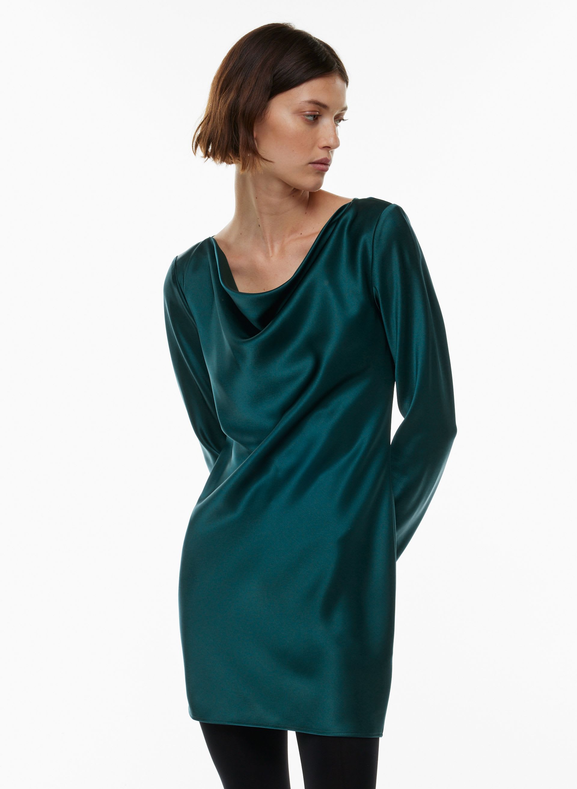 knee length dresses for ladies Zapaka Women Champagne Work Dress Cowl Neck Long Sleeve Satin Midi Semi Formal Dress, Champagne / US18W main image 0