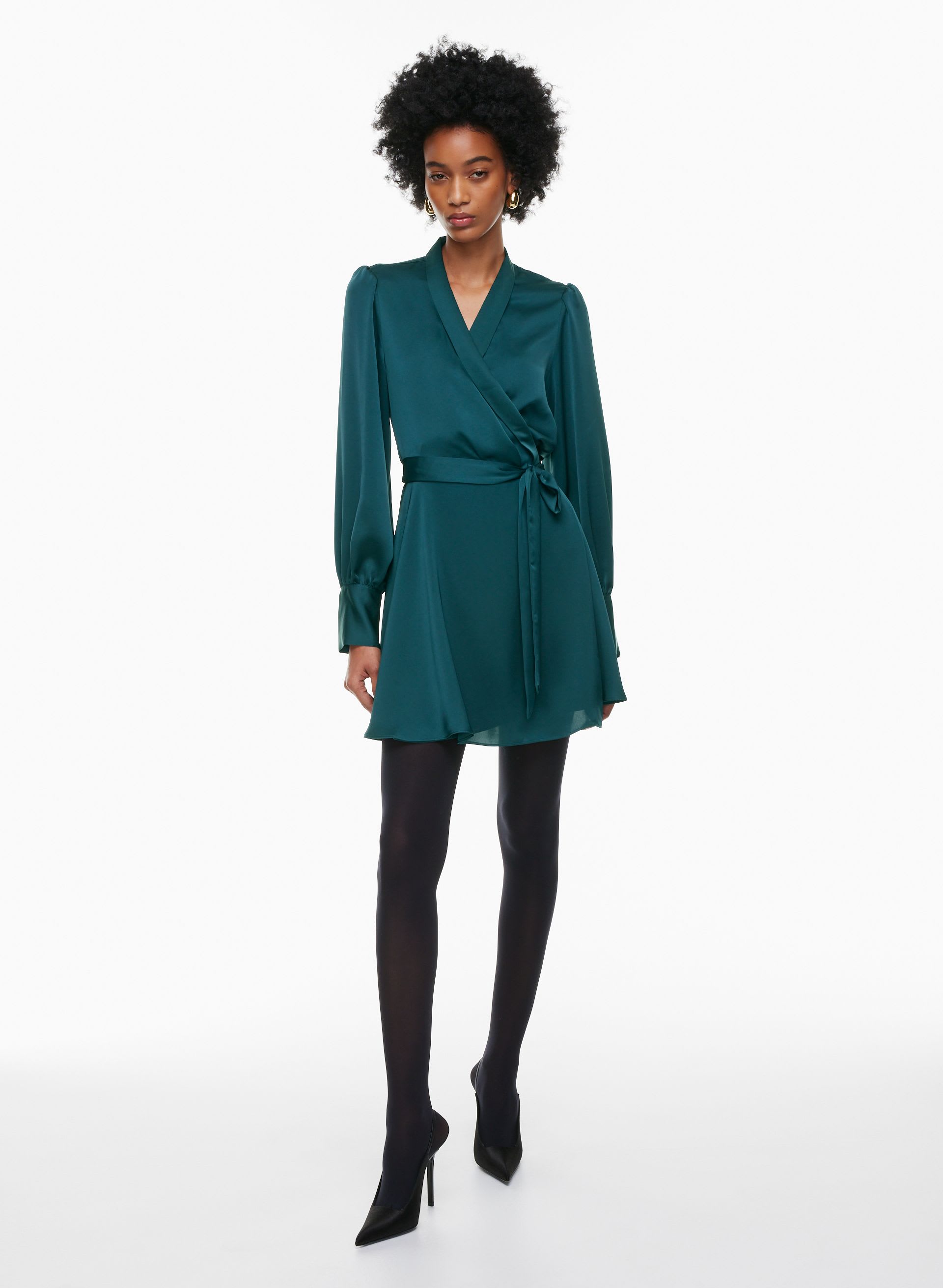 wrapped in stylish satin mini dress Lita Couture Satin Mini Wrap Dress