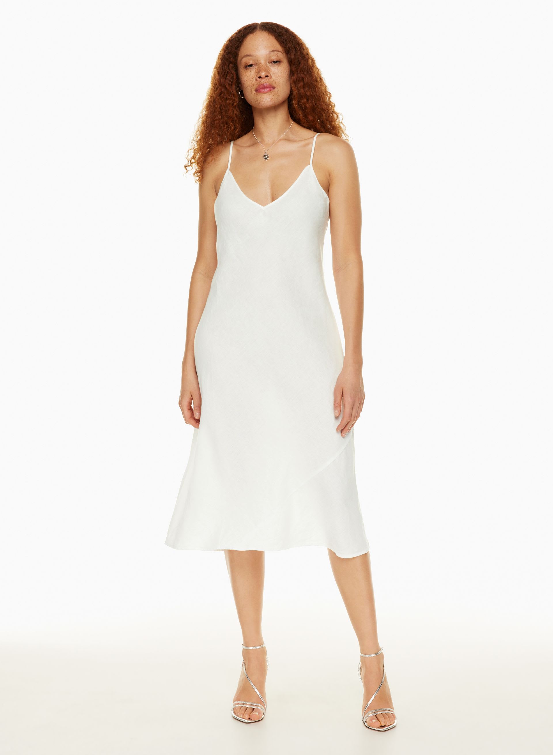 chinese dress ladies Italian Linen Midi Slip Dress in White, Small / White main image 1