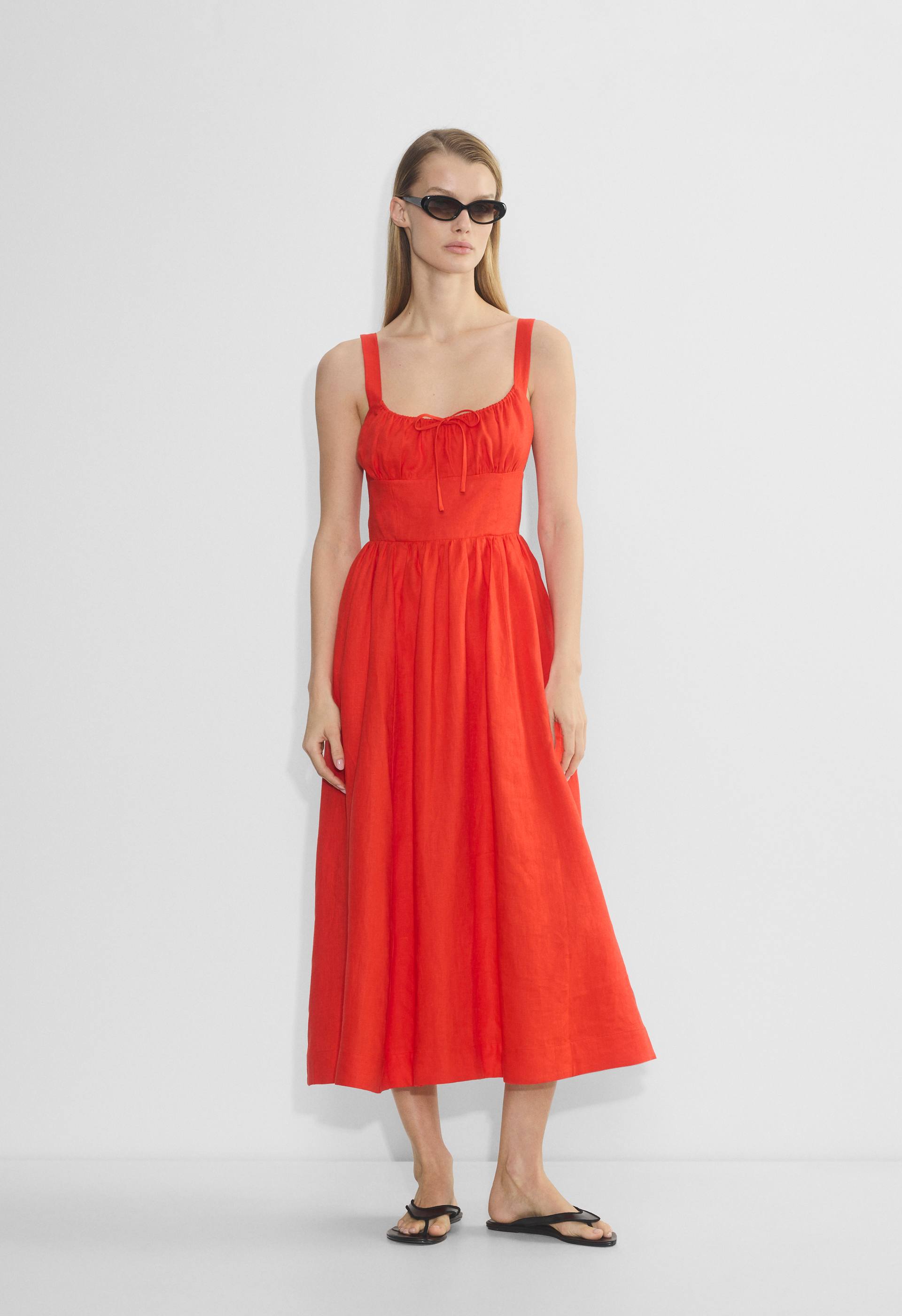 vienna linen dress Mirth Vienna Coral Maxi Dress, Small. Tiered Design, Ruched Neckline, Tie Belt & Side Pockets in Cotton-Silk Blend