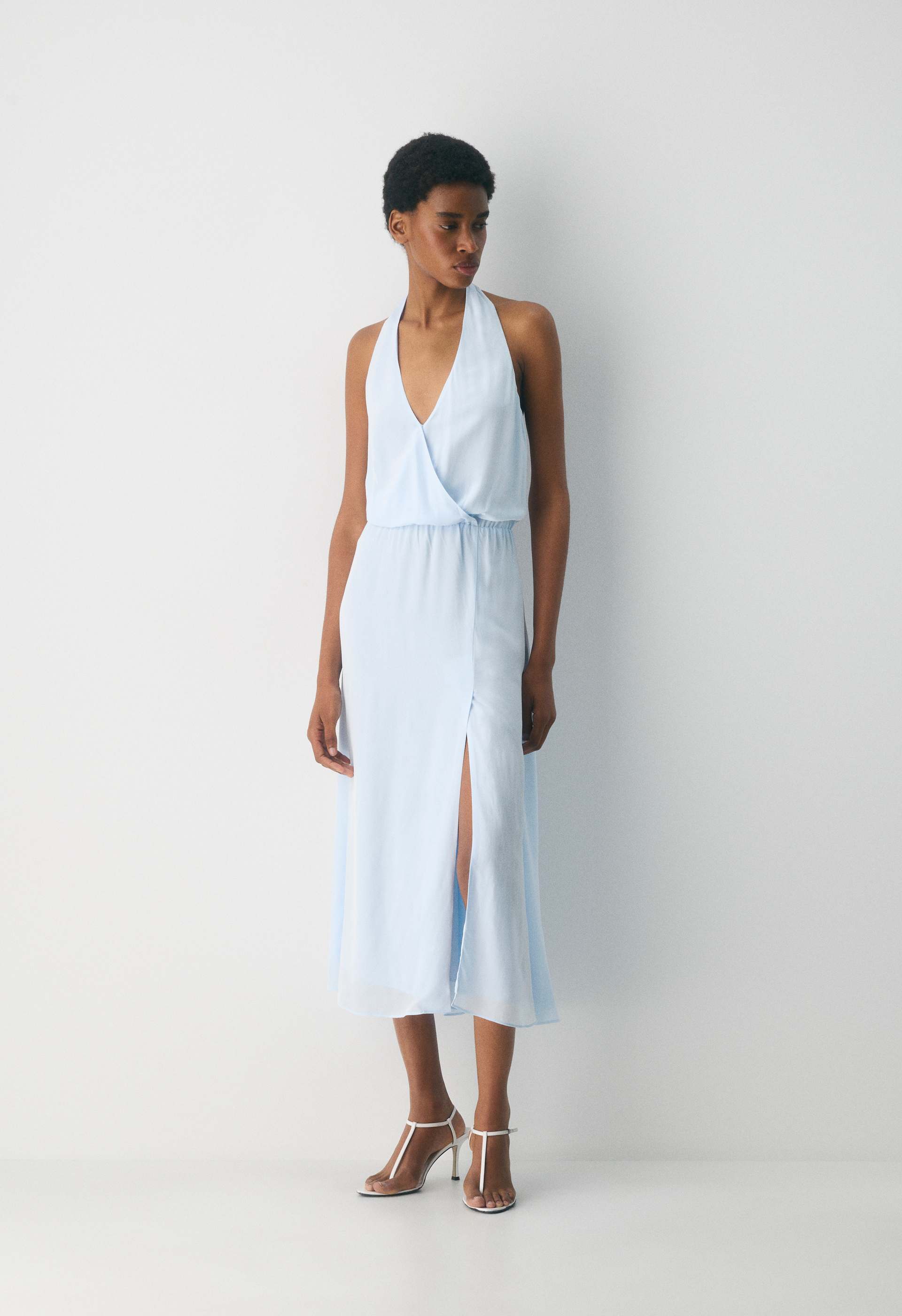 the heavy crepe halter dress in celadon Helsa The Heavy Crepe Halter Dress in Ivory